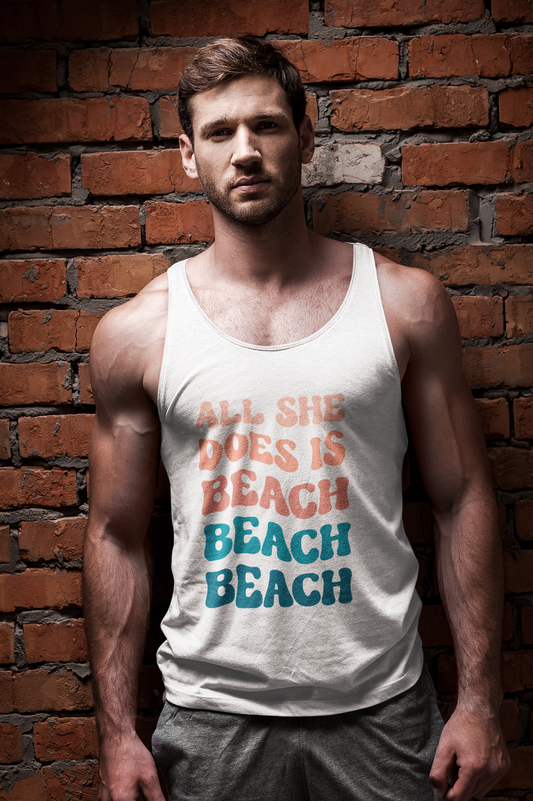 All She Does Is Beach Tank Top – Funny Vacation Shirt | Tay’s Vinyl