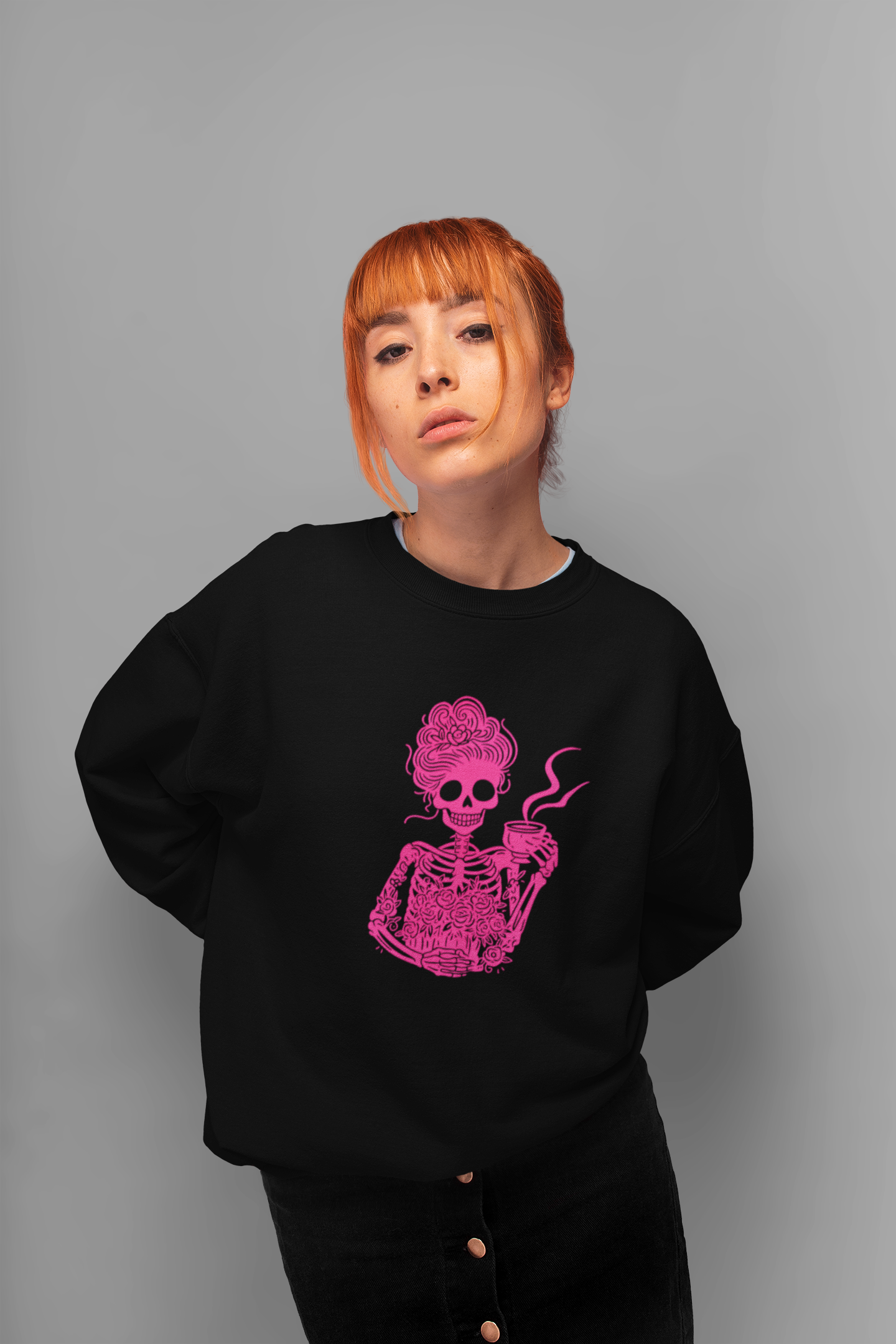 Skeleton Coffee Lover Crewneck – Spooky Gothic Floral Sweatshirt | Tay’s Vinyl