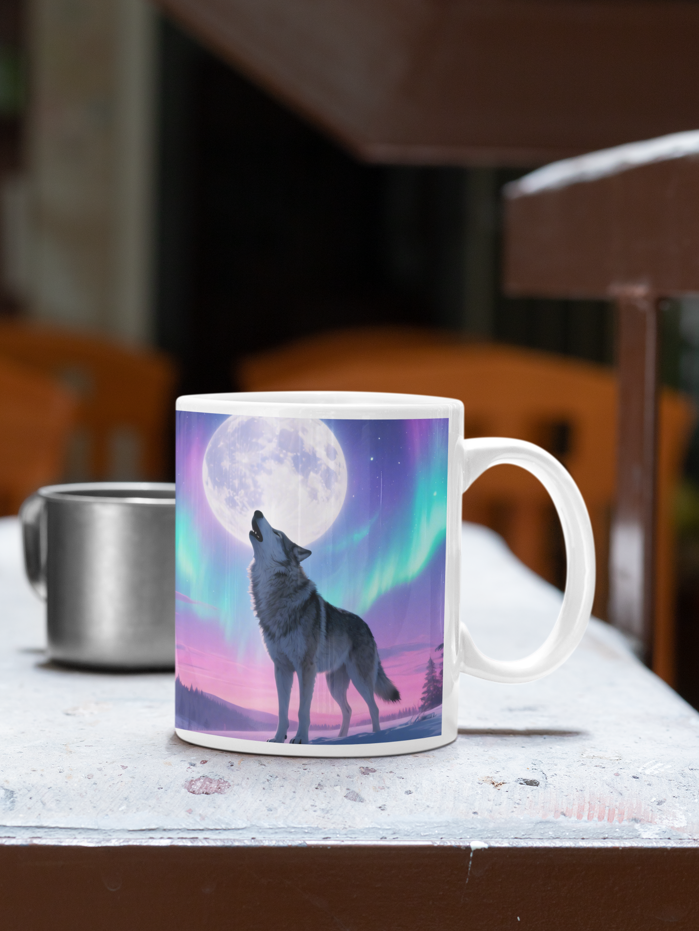 Howling Wolf Under the Northern Lights Ceramic Mug | Tay’s Vinyl