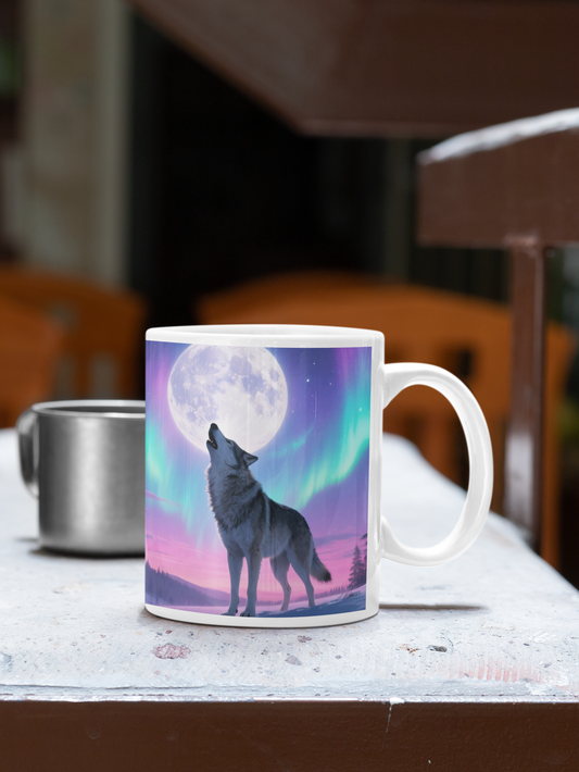 Howling Wolf Under the Northern Lights Ceramic Mug | Tay’s Vinyl
