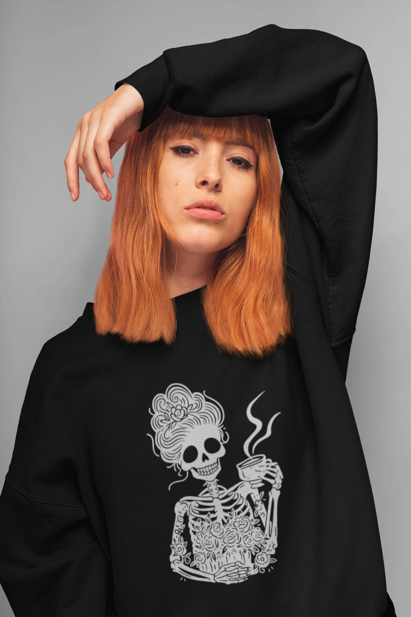 Skeleton Coffee Lover Crewneck – Spooky Gothic Floral Sweatshirt | Tay’s Vinyl