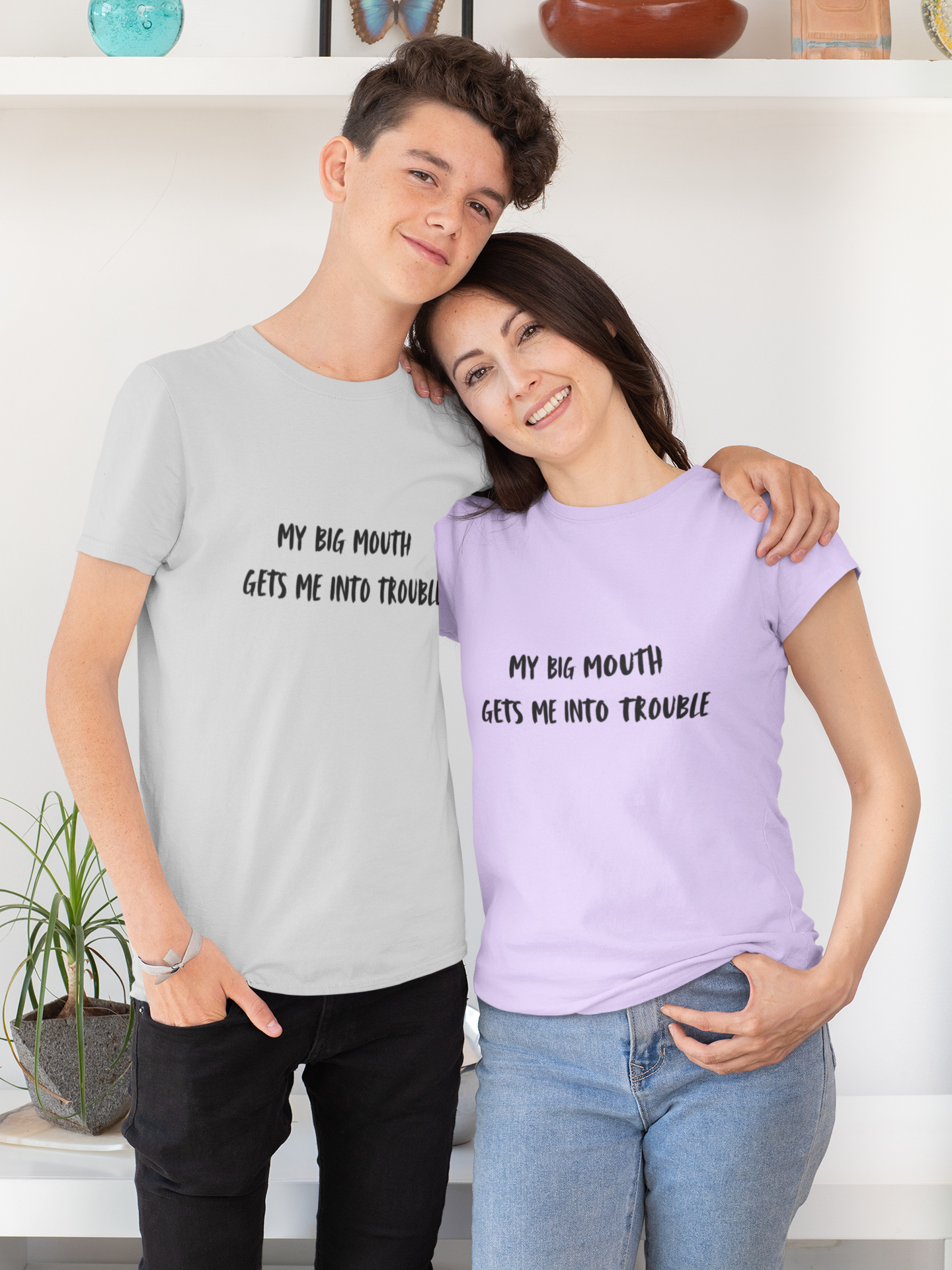 Funny Unisex Graphic Tee – My Big Mouth Gets Me Into Trouble Shirt | Tay’s Vinyl