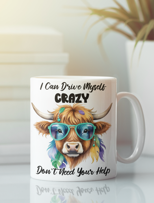 Sassy Highland Cow Mug – “I Can Drive Myself Crazy” Funny Coffee Cup | Tay’s Vinyl