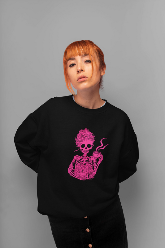 Skeleton Coffee Lover Crewneck – Spooky Gothic Floral Sweatshirt | Tay’s Vinyl