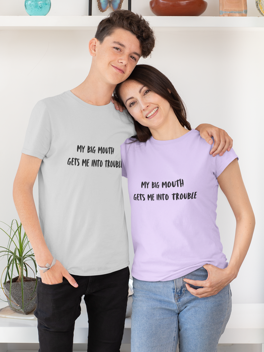 Funny Unisex Graphic Tee – My Big Mouth Gets Me Into Trouble Shirt | Tay’s Vinyl